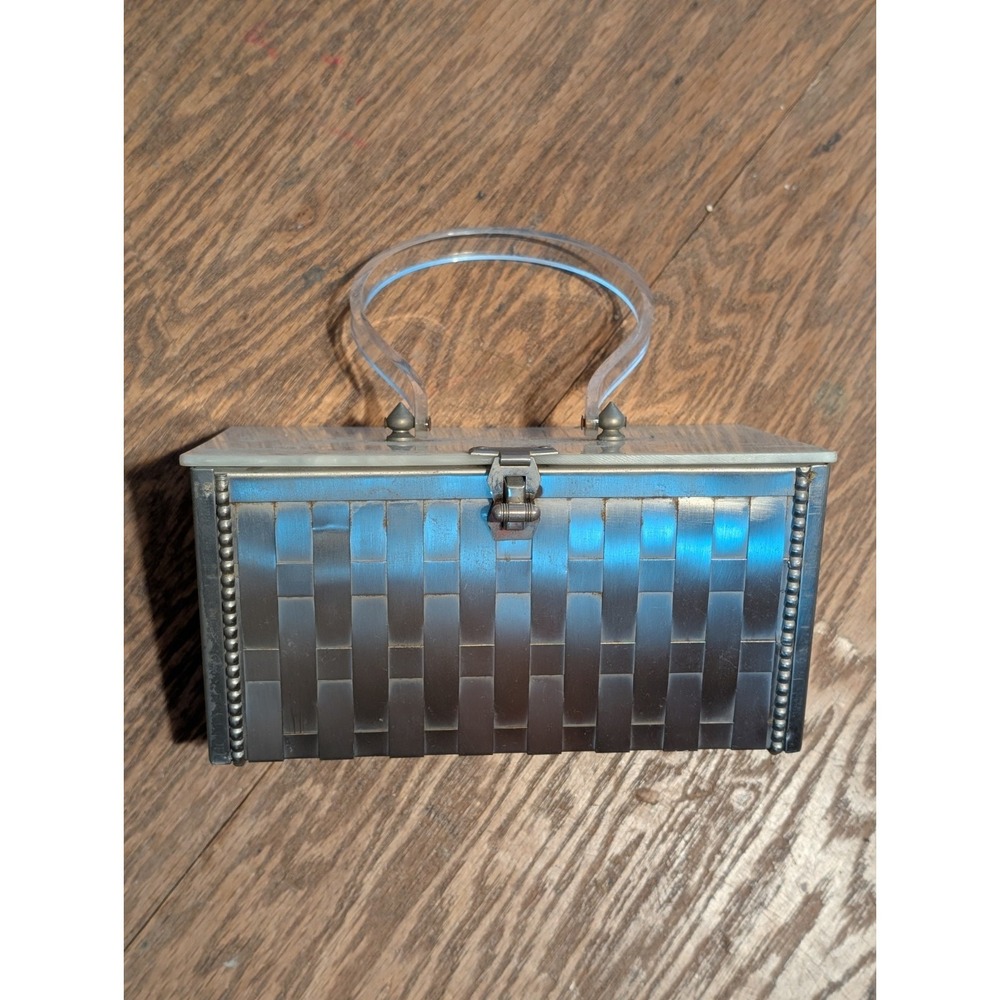 1950s Vintage Metal Marble Look Lucite Basket Weave Purse Box
